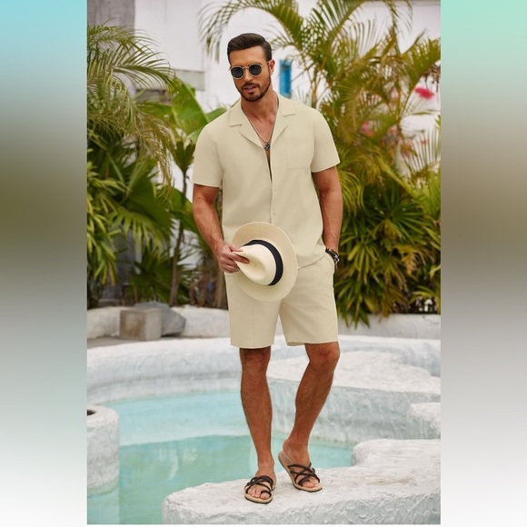 COOFANDY Men's 2 Piece Short Sleeve Button Down Shirt & Short Set!! NEW!!!☀️🏖️ - Picture 1 of 7